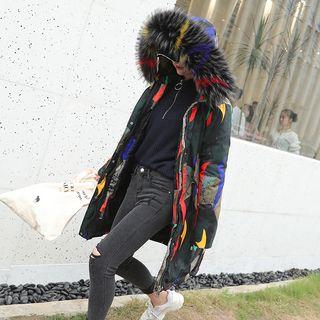 Patterned Furry Hood Padded Coat