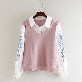 Mock Two-piece Flower Embroidered Shirt