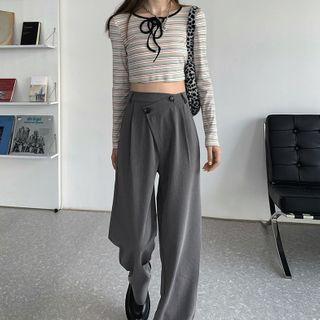 Long-sleeve Striped Cropped T-shirt / Irregular-waist Straight-fit Pants