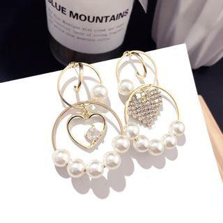 Non-matching Rhinestone Heart Faux Pearl Dangle Earring Silver - Gold - One Size