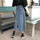 High-waist Split A-line Midi Denim Skirt