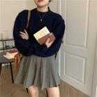 Round Neck Plain Sweater / Houndstooth Pleated Mini Skirt