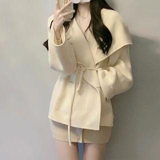 Long-sleeve Knit Mini Bodycon Dress / Tie-waist Jacket / Set