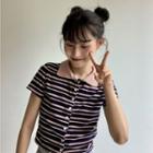 Striped Polo T-shirt As Shown In Figure - One Size