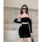 Long-sleeve Two Tone Cold-shoulder Mini Dress Black - One Size