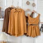 Set: Crop Tank Top + Drawcord Wide-leg Shorts + Loose Shirt In 5 Colors