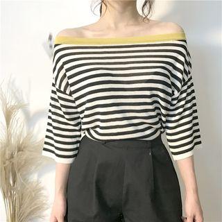 Striped Off-shoulder 3/4-sleeve Knit Top