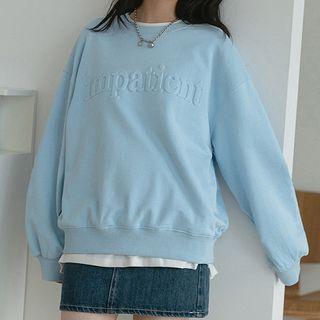 Round Neck Lettering Printed Long-sleeve Top Blue - One Size
