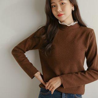 Lace-layered Mock-neck Napped Top
