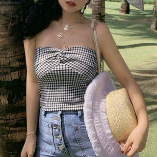 Plaid Knot-front Tube Top
