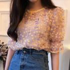Flower Embroidered Short Sleeve Sheer Blouse