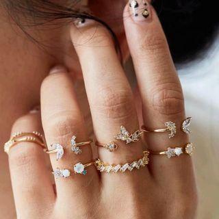 Set Of 7: Rhinestone Ring Set - Gold & Silver - One Size
