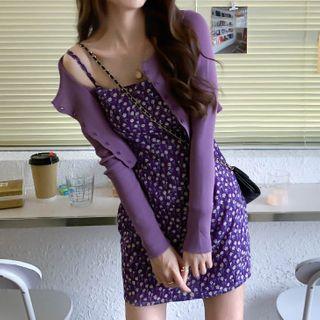 Spaghetti Strap Floral Print A-line Dress / Cropped Cardigan