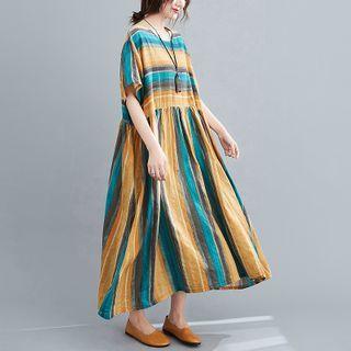 Short-sleeve Striped Midi Dress Green & Orange - One Size