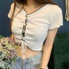 Contrast Trim Short-sleeve Lace-up Cropped T-shirt