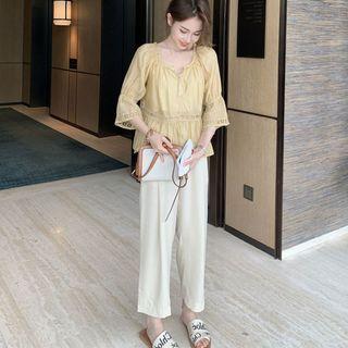 Set: Bell-sleeve Blouse + Wide Leg Pants