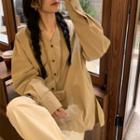 Long-sleeve V-neck Plain Shirt Khaki - One Size