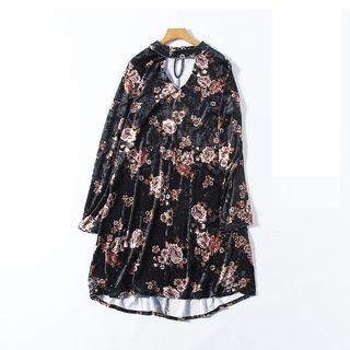 Long-sleeve Floral Print Velvet Dress