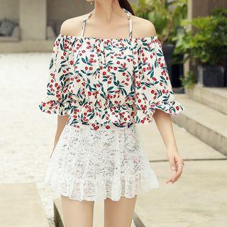 Set: Cherry-pattern Lace-panel Bikini + Off-shoulder Cover-up