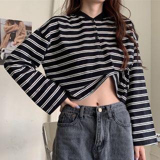 Polo Long-sleeve Striped Cropped Top