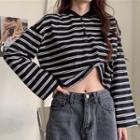 Polo Long-sleeve Striped Cropped Top
