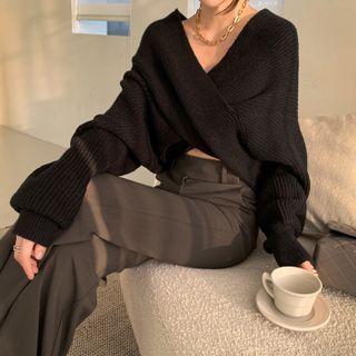 Drop-shoulder Wrap-front Knit Top