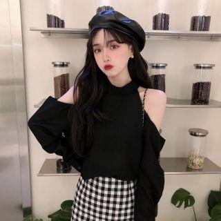 Cold-shoulder Long-sleeve Top / Plaid Mini A-line Skirt