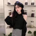 Cold-shoulder Long-sleeve Top / Plaid Mini A-line Skirt