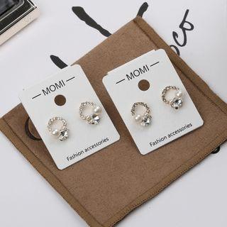 Faux Pearl Rhinestone Mini Hoop Earring Ky10151 - White Bead - Silver - One Size