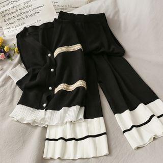 Set: Patchwork Button-down Knit Top + Wide-leg Pants Black - One Size