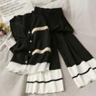 Set: Patchwork Button-down Knit Top + Wide-leg Pants Black - One Size