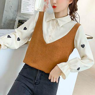 Mock Two-piece Heart Embroidered Blouse