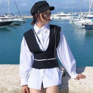 Set: Plain Shirt + V-neck Crop Knit Vest