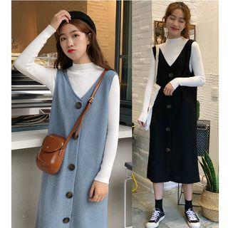 Mock-neck Knit Top / V-neck Pinafore Dress
