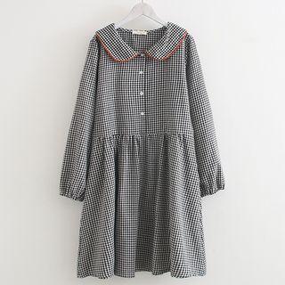 Plaid Long-sleeve A-line Dress Black - One Size