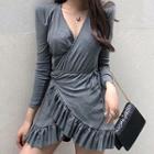Ruffle V-neck One Piece Side Strap Long-sleeve Short Dress