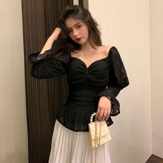 Puff-sleeve V-neck Lace Top Black - One Size
