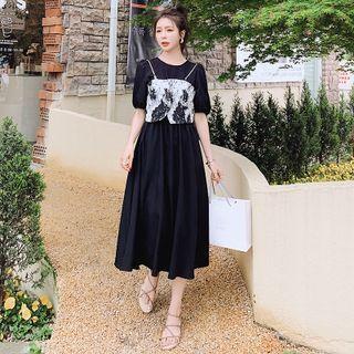 Set Puff-sleeve Midi A-line Dress + Print Camisole Top
