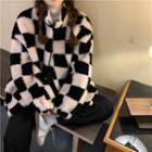 Long-sleeve Faux Fur Plaid Zip Jacket