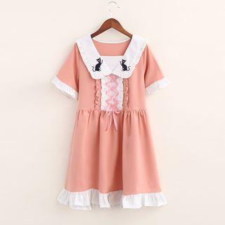 Short-sleeve Frilled Lace-up Embroidery Dress