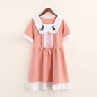 Short-sleeve Frilled Lace-up Embroidery Dress