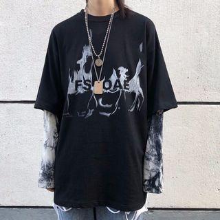 Mock Two-piece Long-sleeve Fire Print T-shirt