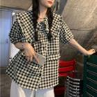 Short-sleeve Wide Collar Gingham Check Blouse Almond - One Size