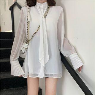 Plain Lace-up Long-sleeve Blouse White - One Size