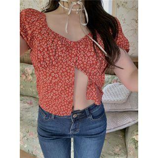 Short-sleeve Floral Print Blouse Red - One Size