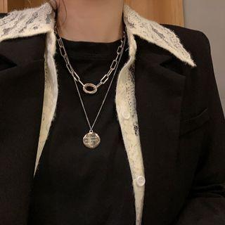 Lettering Disc Pendant Layered Necklace