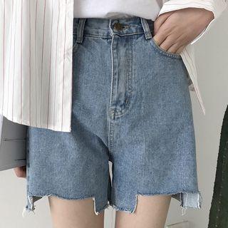 Frayed Hem Asymmetric Denim Shorts