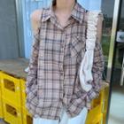 Long-sleeve Cold Shoulder Plaid Shirt As Shown In Figure - One Size
