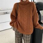 Long-sleeve High-neck Plain Cable Knit Sweater