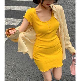 Long-sleeve Plain Shirt / Short-sleeve Slim-fit Mini Dress